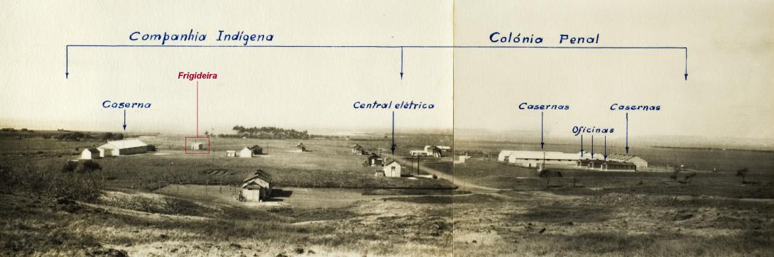 Principais instalações do Campo de Concentração do Tarrafal. No desenho original não estavam refenciadas as celas de castigo, que ficaram conhecidas como "frigideira"