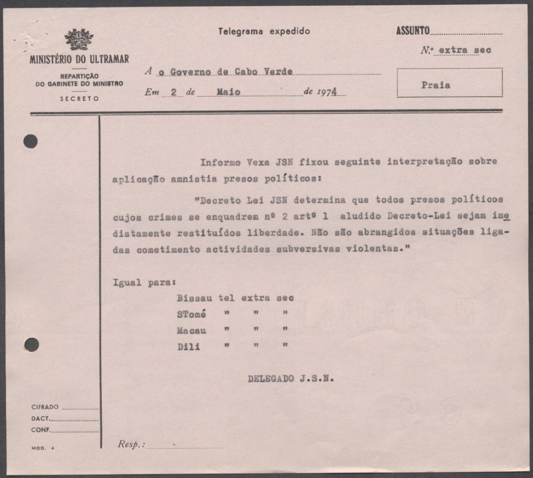Resposta da Junta de Salvação Nacional sobre a libertação dos presos do Tarrafal