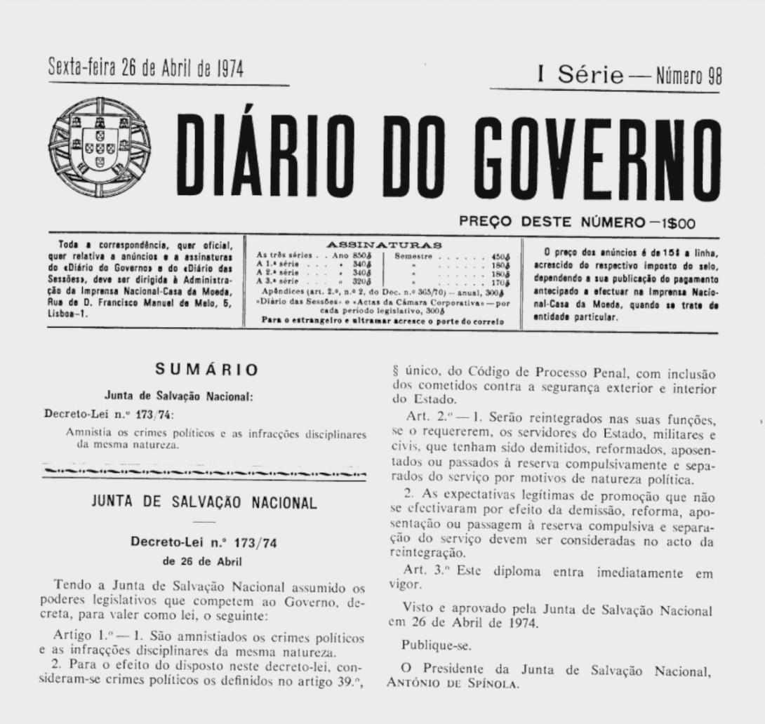 Decreto-Lei n.º 173/74, de 26 de abril  - Amnistia os crimes políticos e as infracções disciplinares da mesma natureza